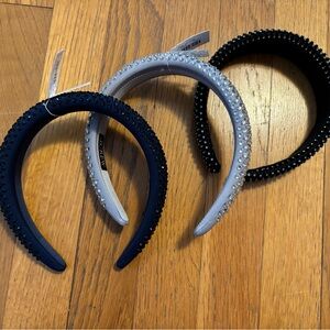 Crystal Navy, silver/gray, and black puffy headbands